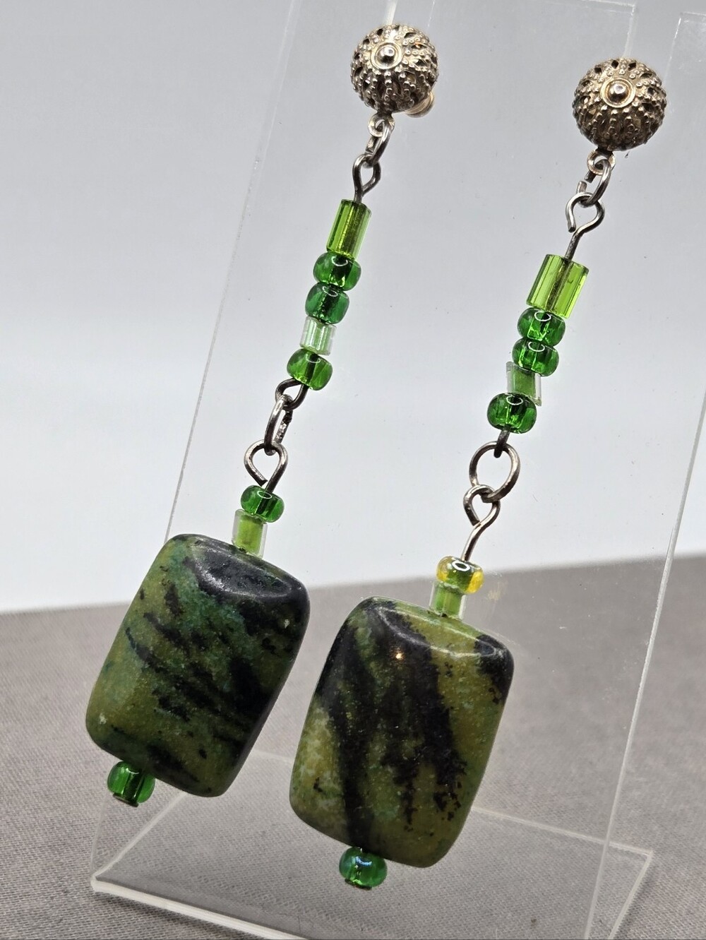Green Opal Hematite Dangle Earrings  Western Southwestern Boho Pierced Studs